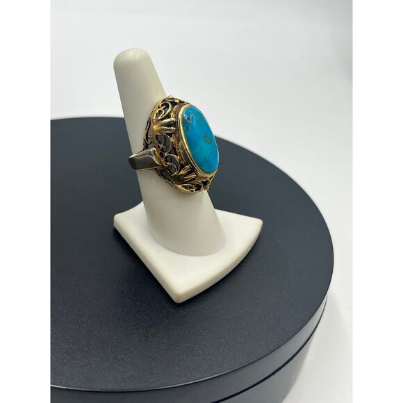 Vintage Designer Sterling Vermeil Turquoise Filigree Chunky Statement Ring Sz 7 - Picture 2 of 15
